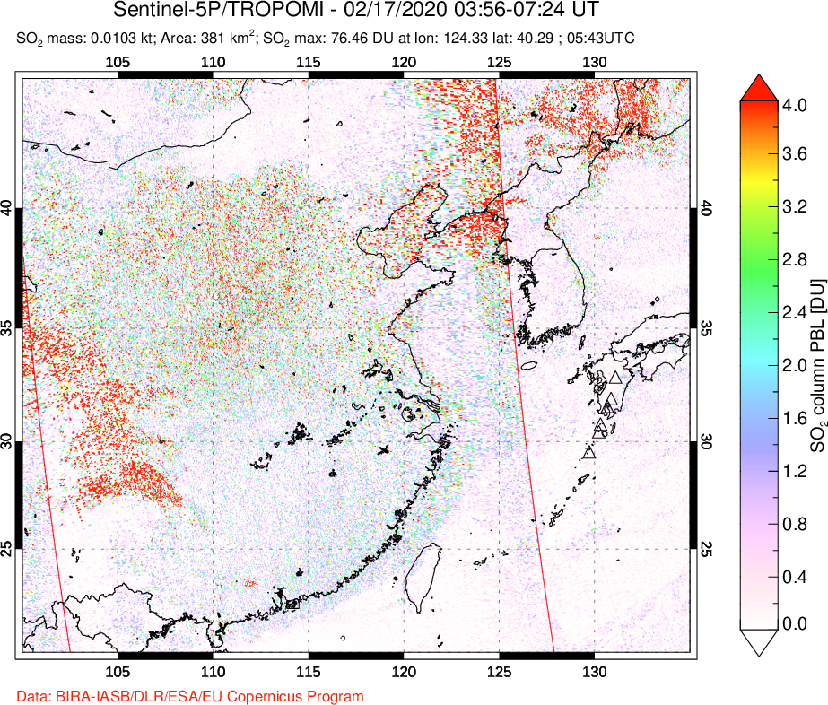 A sulfur dioxide image over Eastern China on Feb 17, 2020.