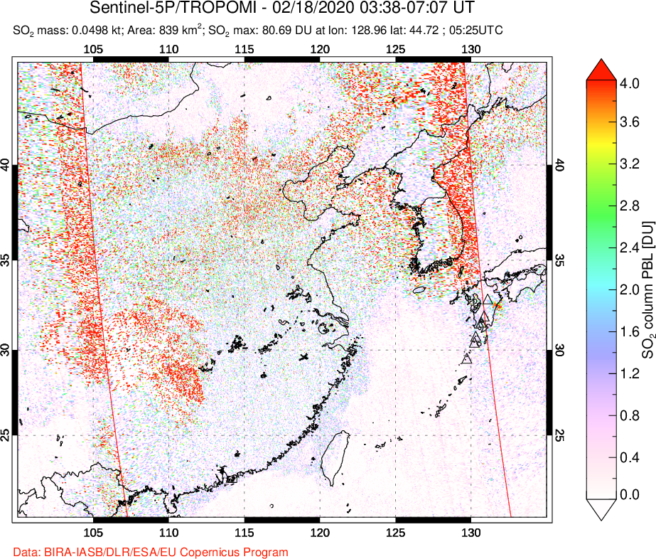 A sulfur dioxide image over Eastern China on Feb 18, 2020.