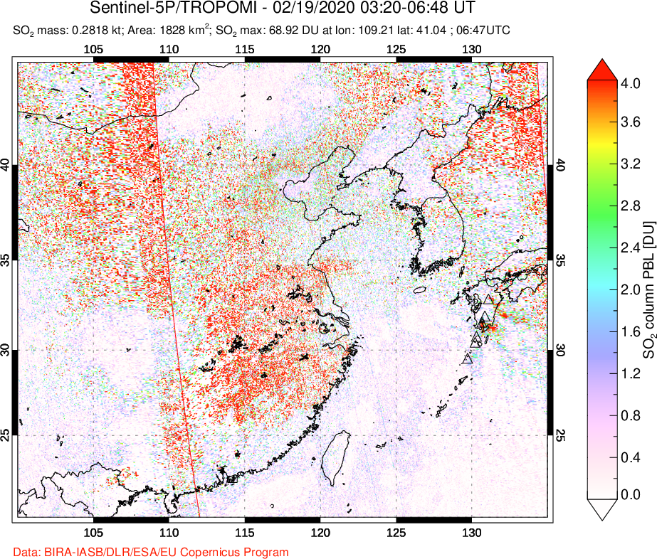 A sulfur dioxide image over Eastern China on Feb 19, 2020.