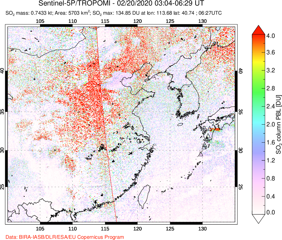 A sulfur dioxide image over Eastern China on Feb 20, 2020.