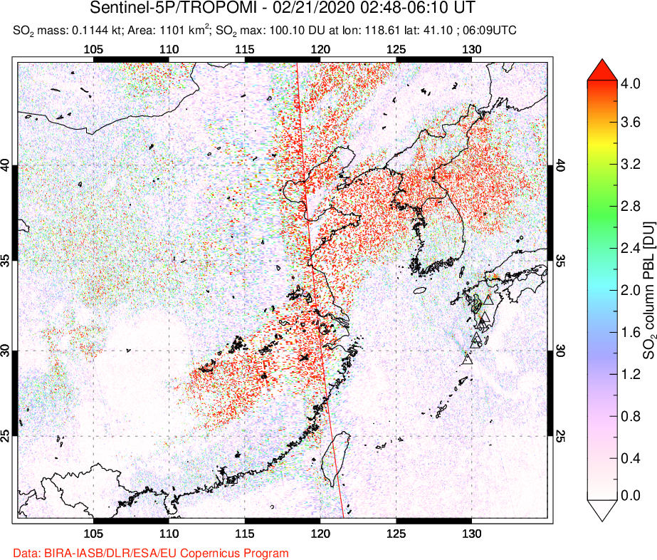 A sulfur dioxide image over Eastern China on Feb 21, 2020.