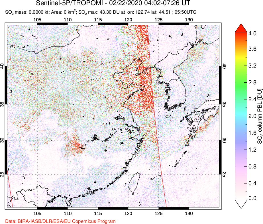 A sulfur dioxide image over Eastern China on Feb 22, 2020.