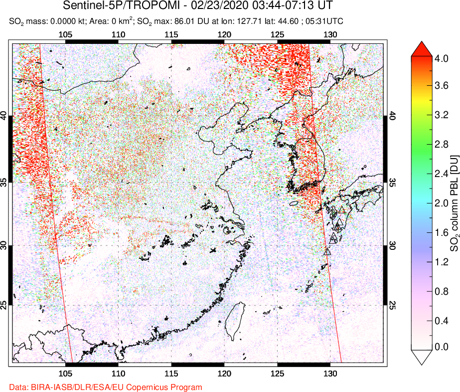 A sulfur dioxide image over Eastern China on Feb 23, 2020.