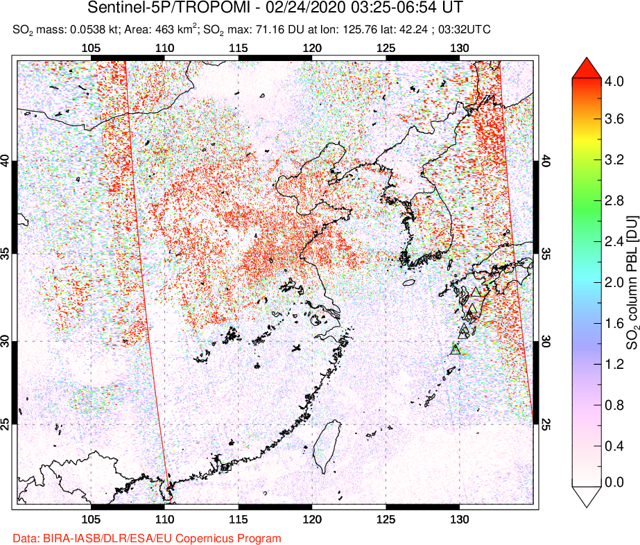 A sulfur dioxide image over Eastern China on Feb 24, 2020.