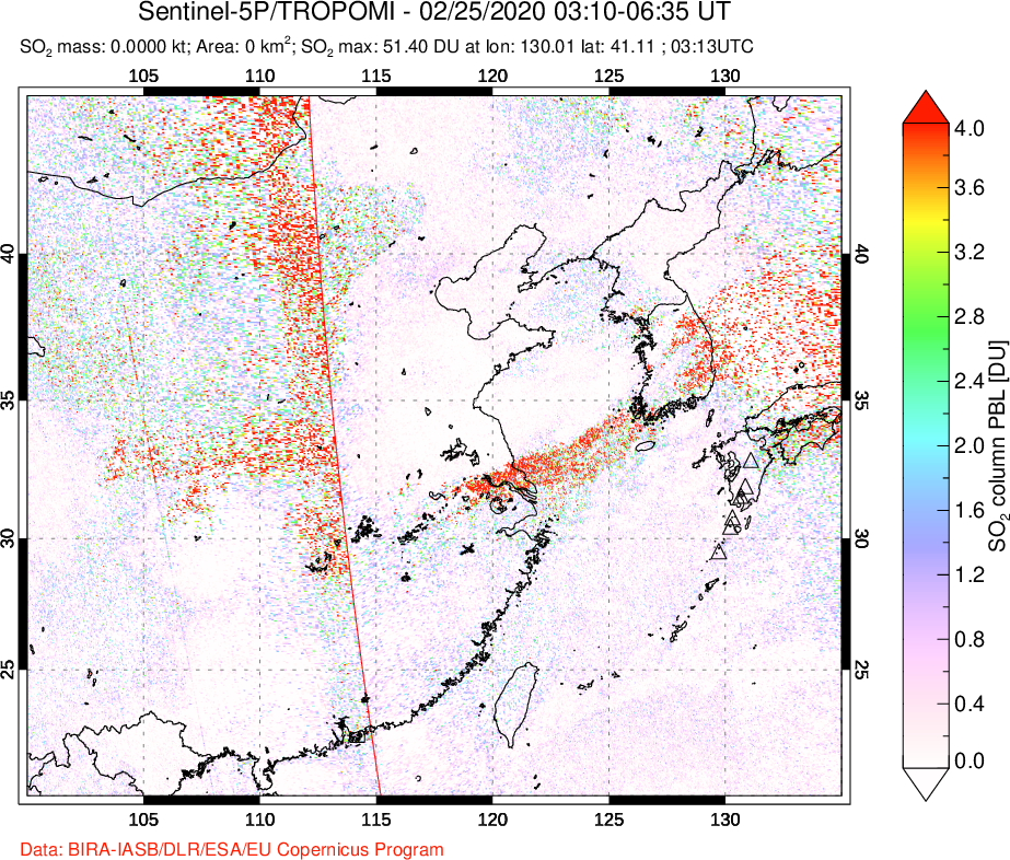 A sulfur dioxide image over Eastern China on Feb 25, 2020.