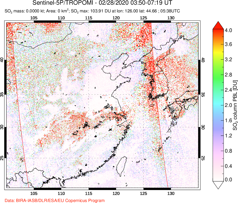 A sulfur dioxide image over Eastern China on Feb 28, 2020.