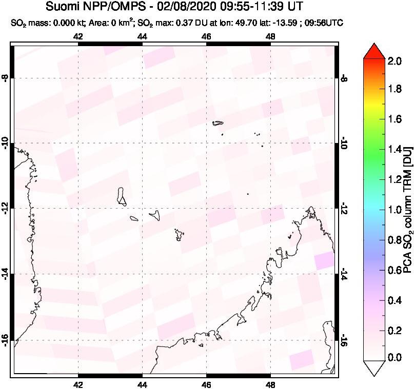 A sulfur dioxide image over Comoro Islands on Feb 08, 2020.