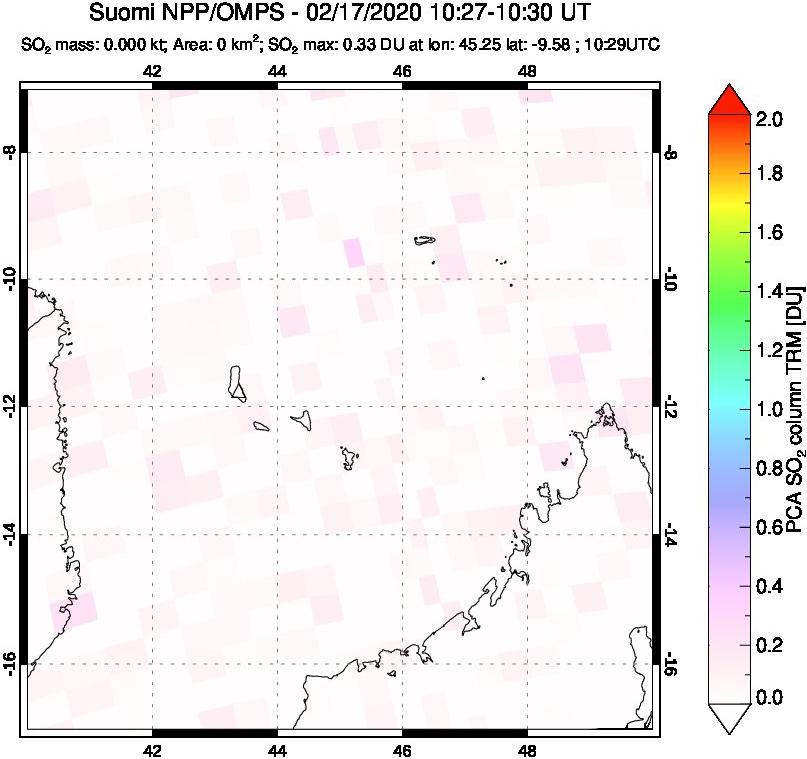 A sulfur dioxide image over Comoro Islands on Feb 17, 2020.