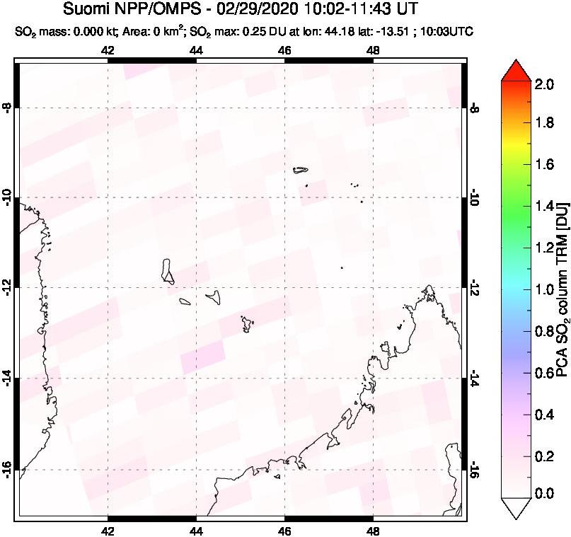 A sulfur dioxide image over Comoro Islands on Feb 29, 2020.