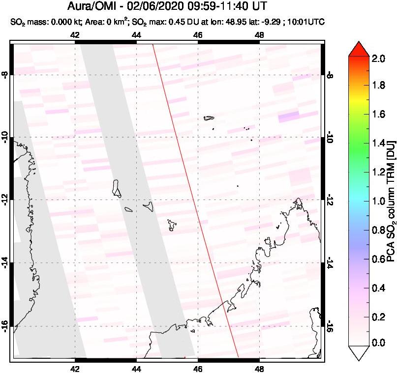A sulfur dioxide image over Comoro Islands on Feb 06, 2020.