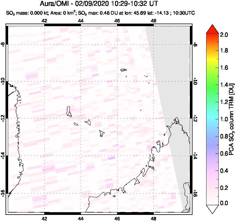 A sulfur dioxide image over Comoro Islands on Feb 09, 2020.