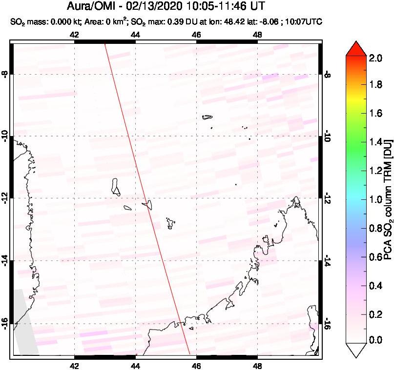 A sulfur dioxide image over Comoro Islands on Feb 13, 2020.