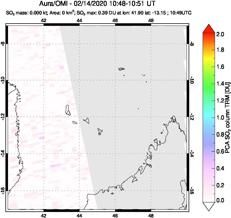 A sulfur dioxide image over Comoro Islands on Feb 14, 2020.