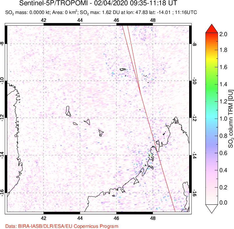 A sulfur dioxide image over Comoro Islands on Feb 04, 2020.