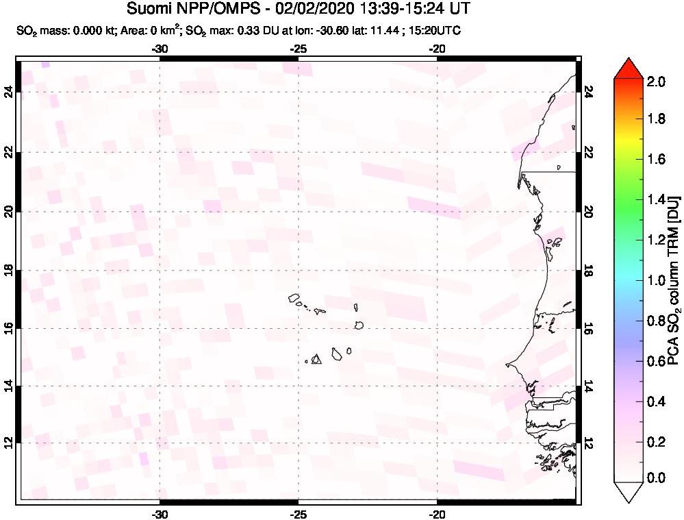 A sulfur dioxide image over Cape Verde Islands on Feb 02, 2020.