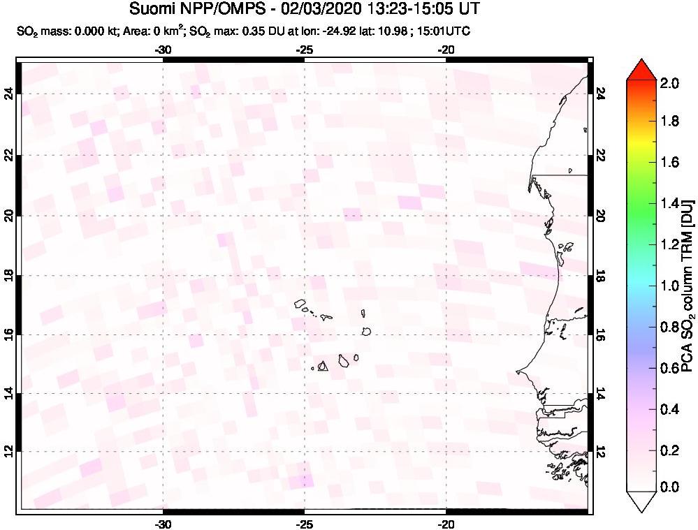 A sulfur dioxide image over Cape Verde Islands on Feb 03, 2020.