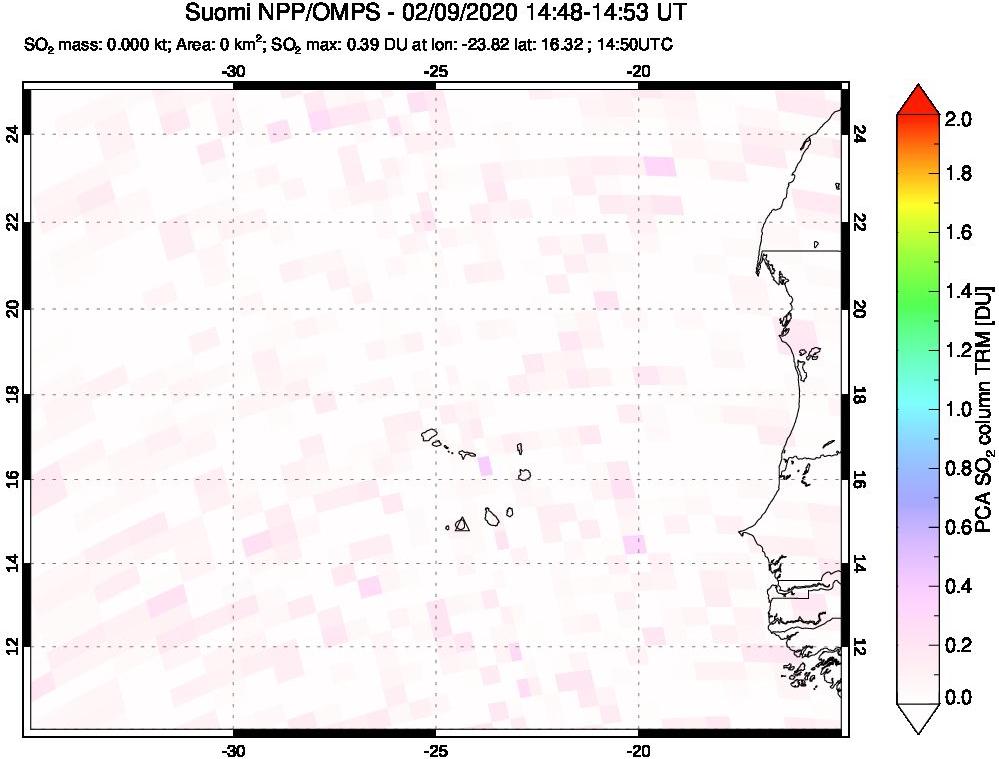 A sulfur dioxide image over Cape Verde Islands on Feb 09, 2020.