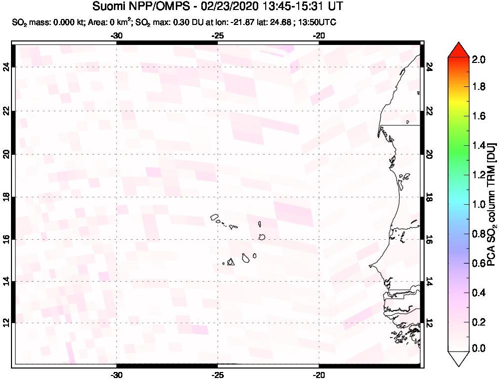 A sulfur dioxide image over Cape Verde Islands on Feb 23, 2020.