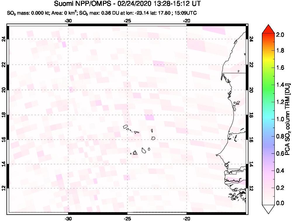A sulfur dioxide image over Cape Verde Islands on Feb 24, 2020.