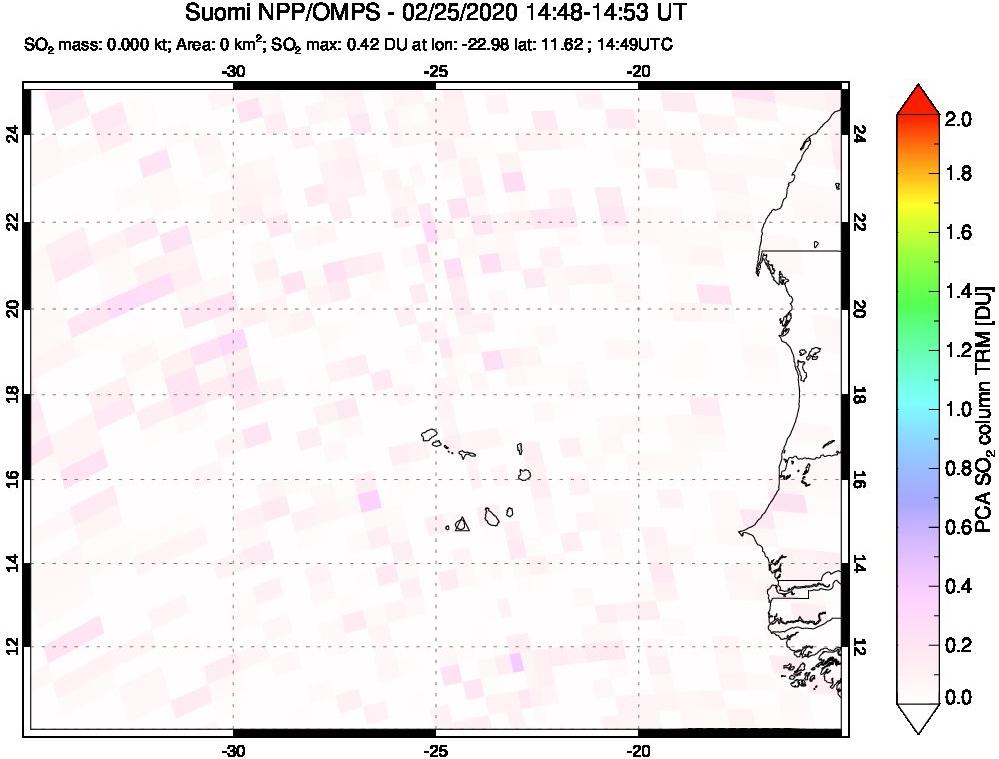 A sulfur dioxide image over Cape Verde Islands on Feb 25, 2020.