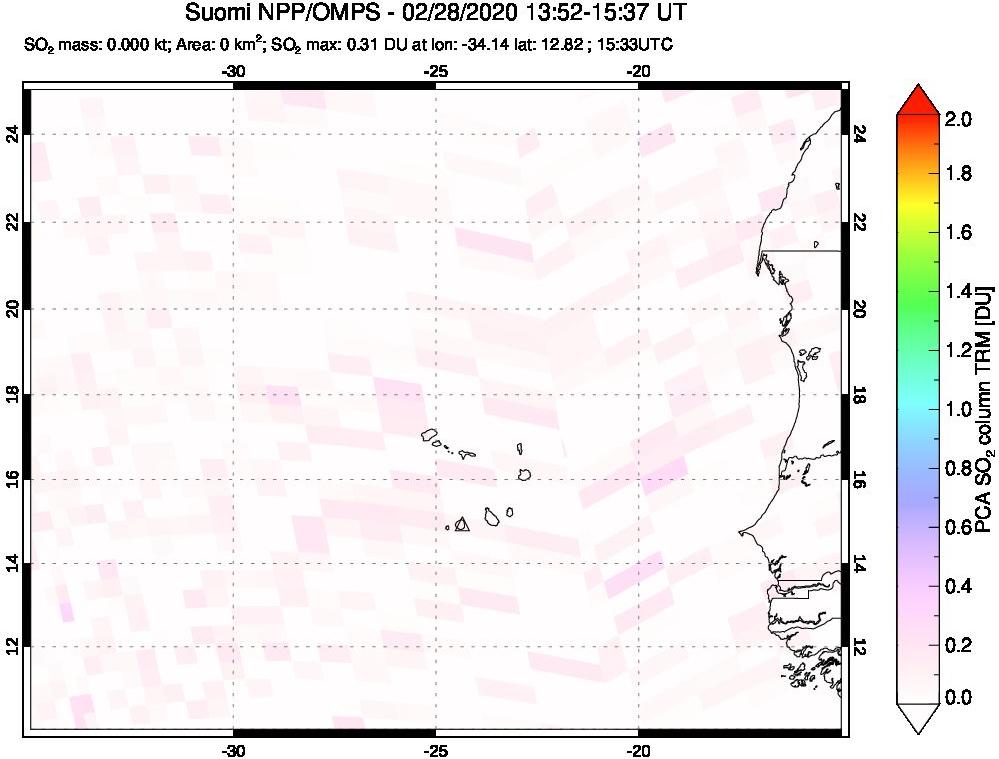 A sulfur dioxide image over Cape Verde Islands on Feb 28, 2020.
