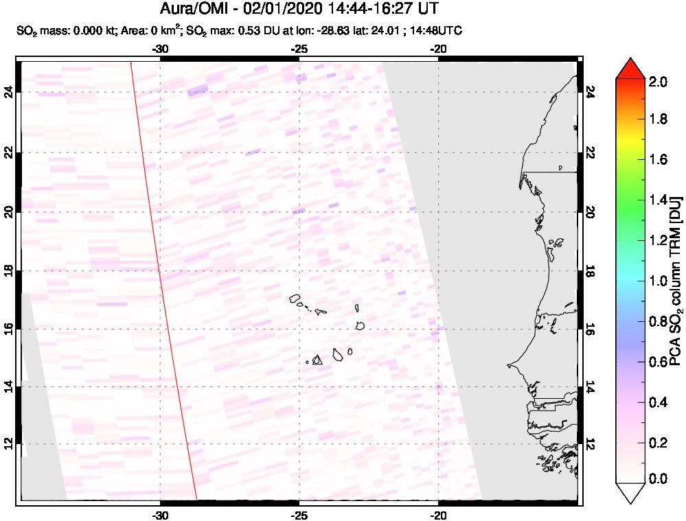 A sulfur dioxide image over Cape Verde Islands on Feb 01, 2020.