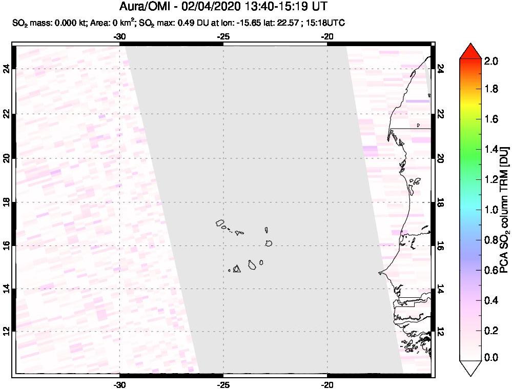 A sulfur dioxide image over Cape Verde Islands on Feb 04, 2020.