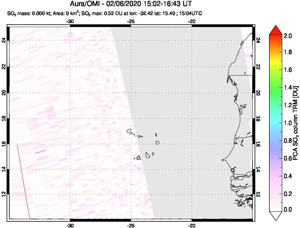 A sulfur dioxide image over Cape Verde Islands on Feb 06, 2020.
