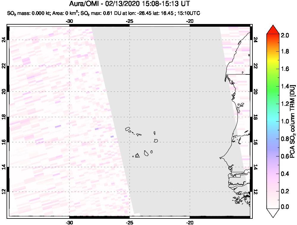 A sulfur dioxide image over Cape Verde Islands on Feb 13, 2020.
