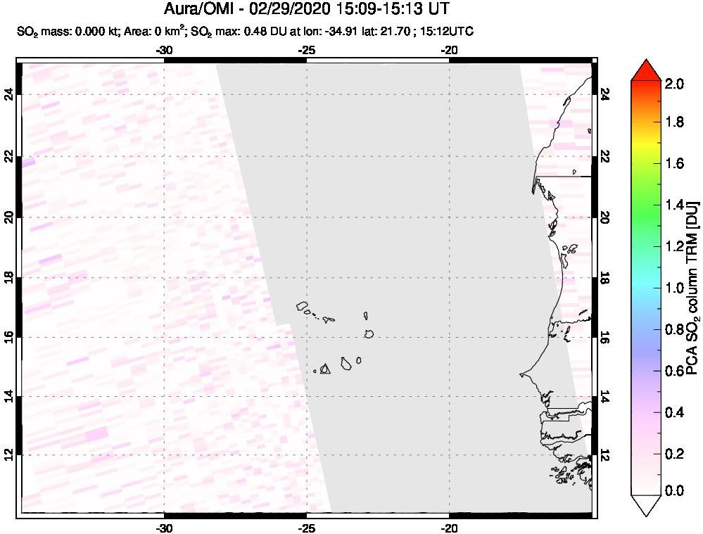 A sulfur dioxide image over Cape Verde Islands on Feb 29, 2020.
