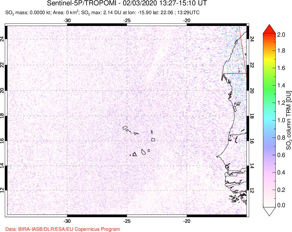 A sulfur dioxide image over Cape Verde Islands on Feb 03, 2020.