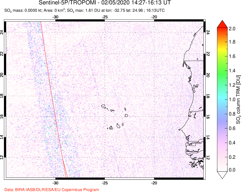 A sulfur dioxide image over Cape Verde Islands on Feb 05, 2020.