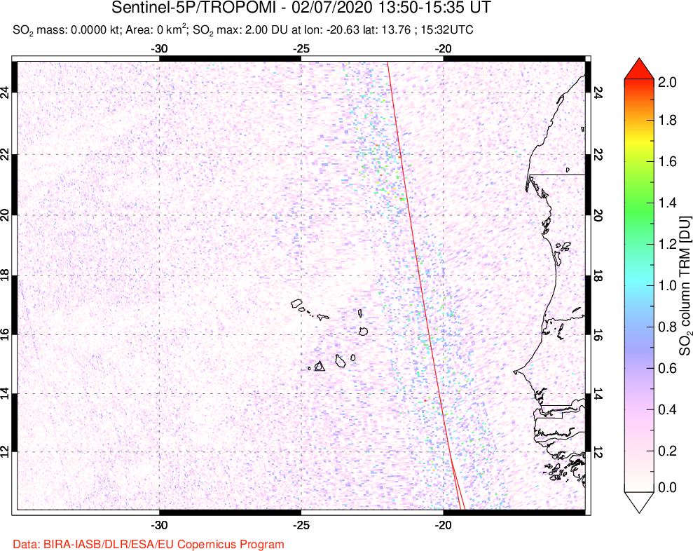 A sulfur dioxide image over Cape Verde Islands on Feb 07, 2020.