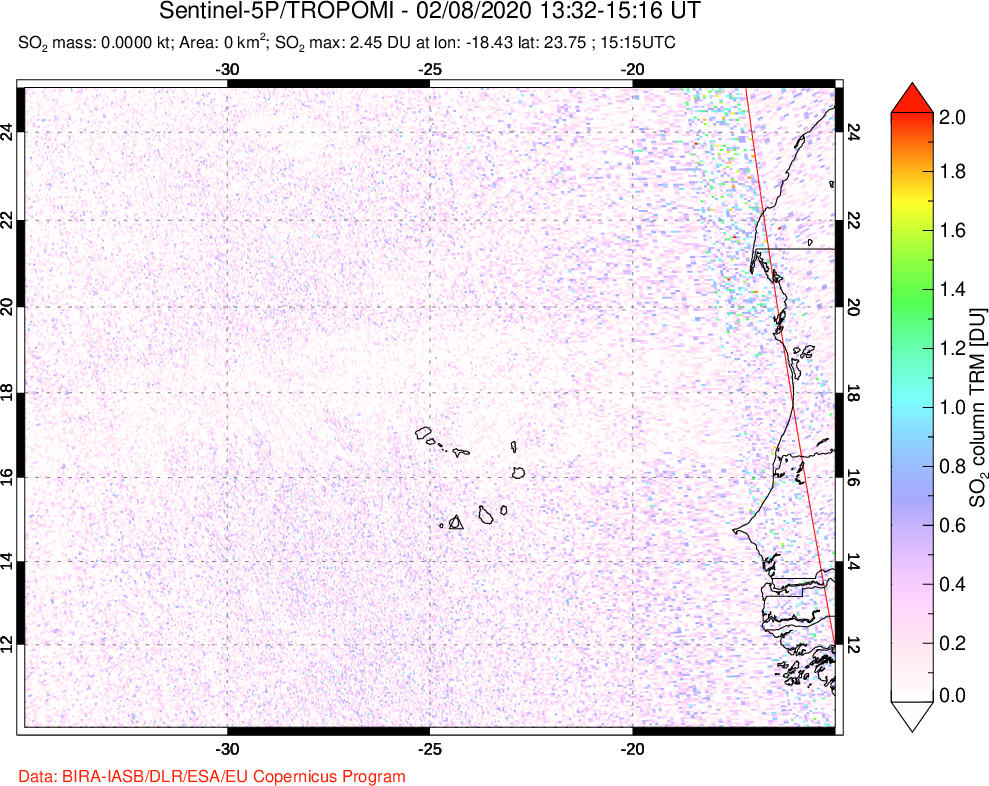 A sulfur dioxide image over Cape Verde Islands on Feb 08, 2020.