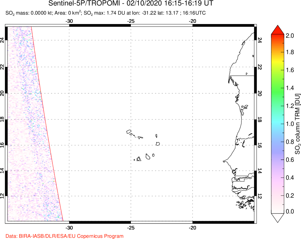 A sulfur dioxide image over Cape Verde Islands on Feb 10, 2020.