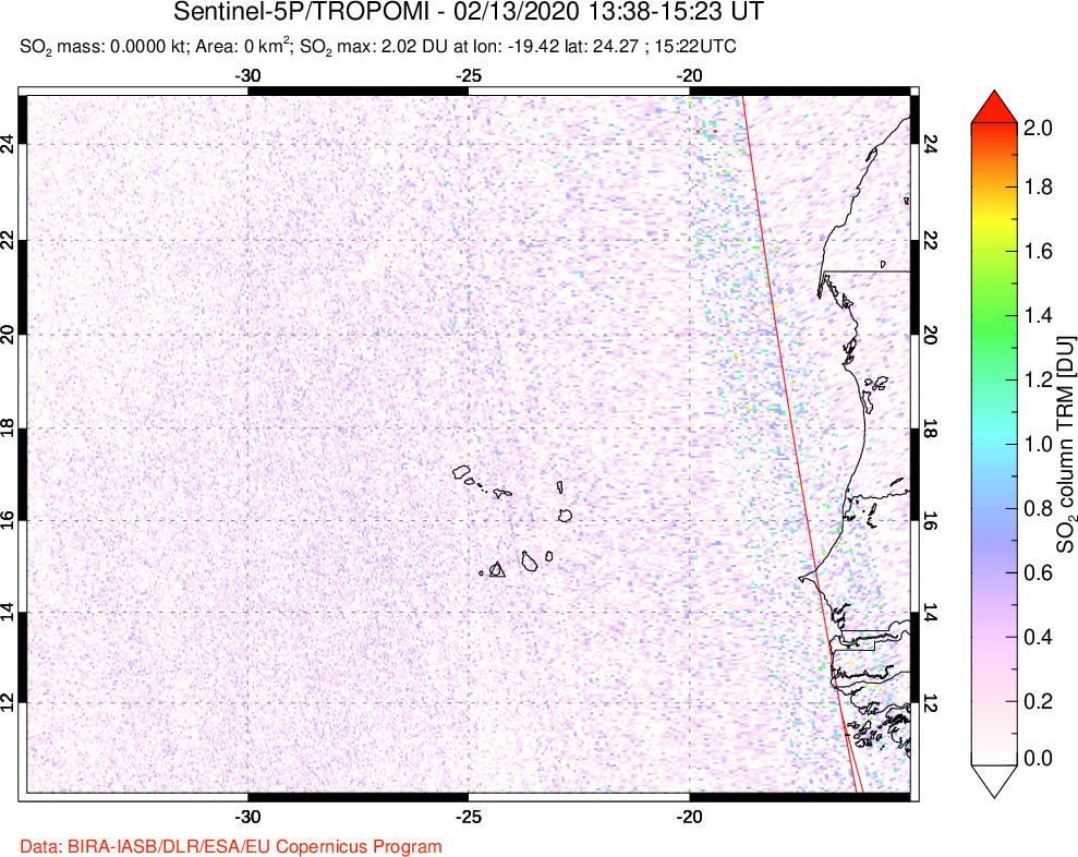 A sulfur dioxide image over Cape Verde Islands on Feb 13, 2020.
