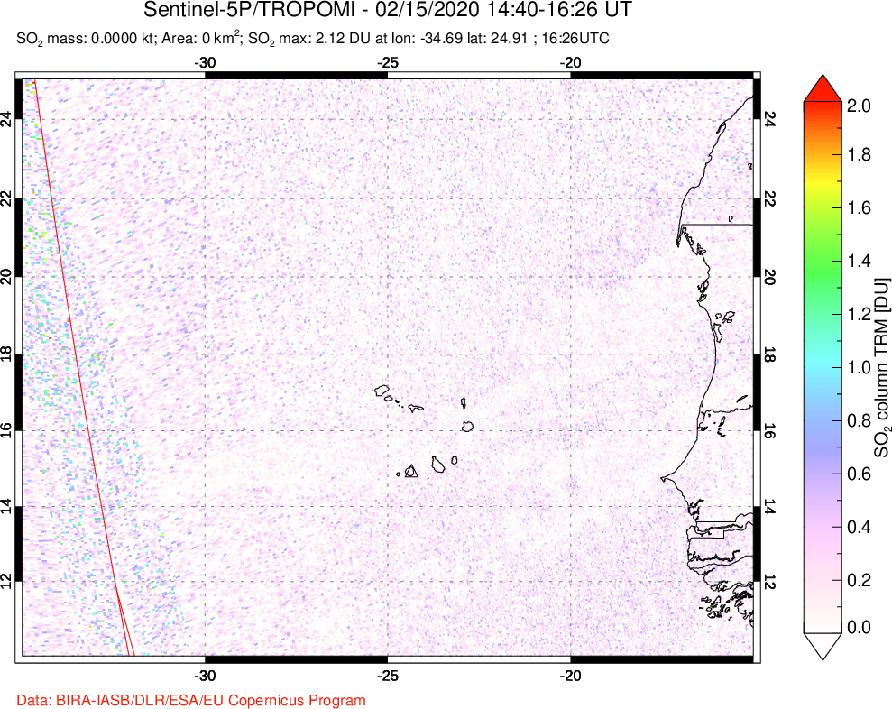 A sulfur dioxide image over Cape Verde Islands on Feb 15, 2020.