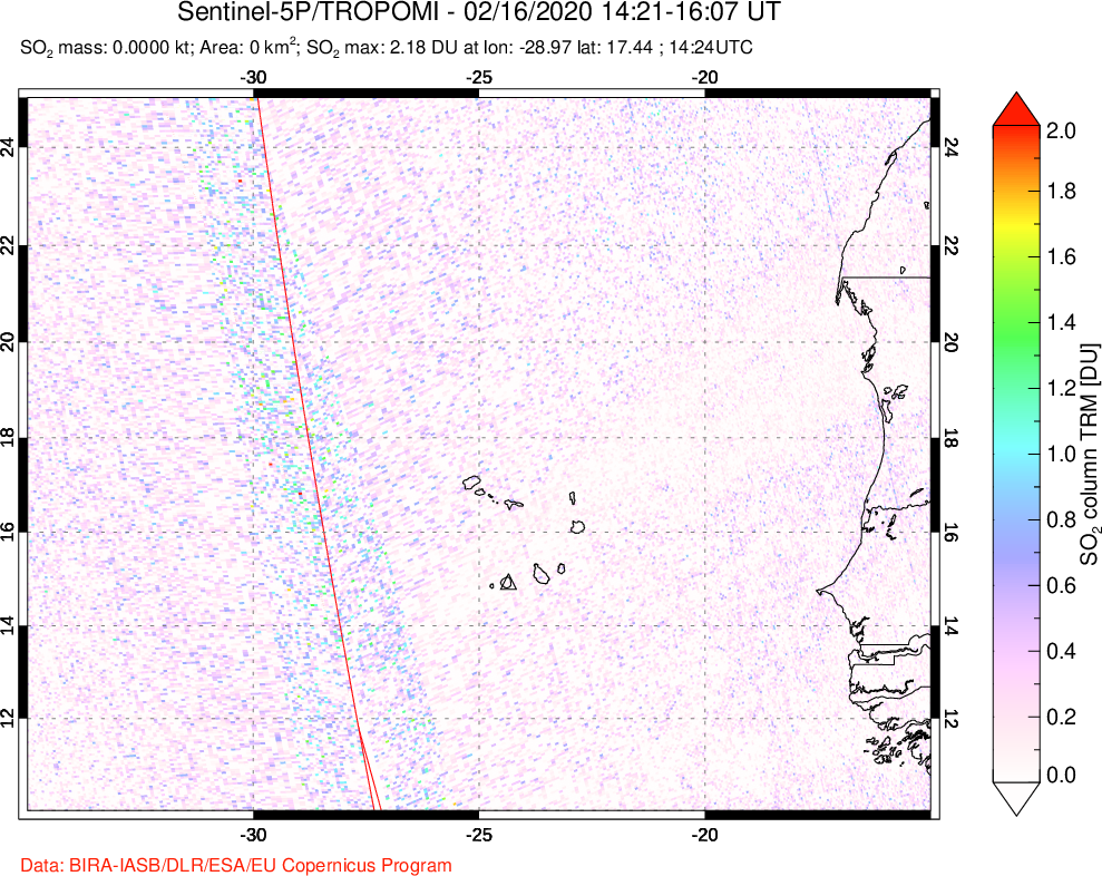 A sulfur dioxide image over Cape Verde Islands on Feb 16, 2020.