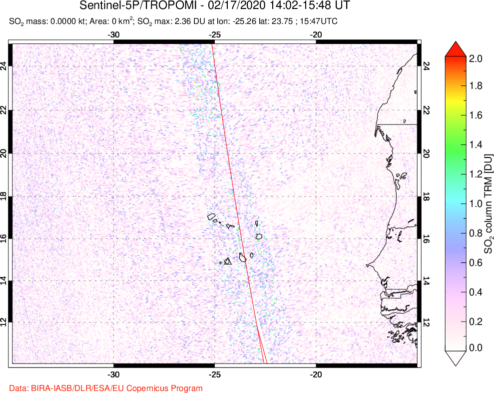 A sulfur dioxide image over Cape Verde Islands on Feb 17, 2020.