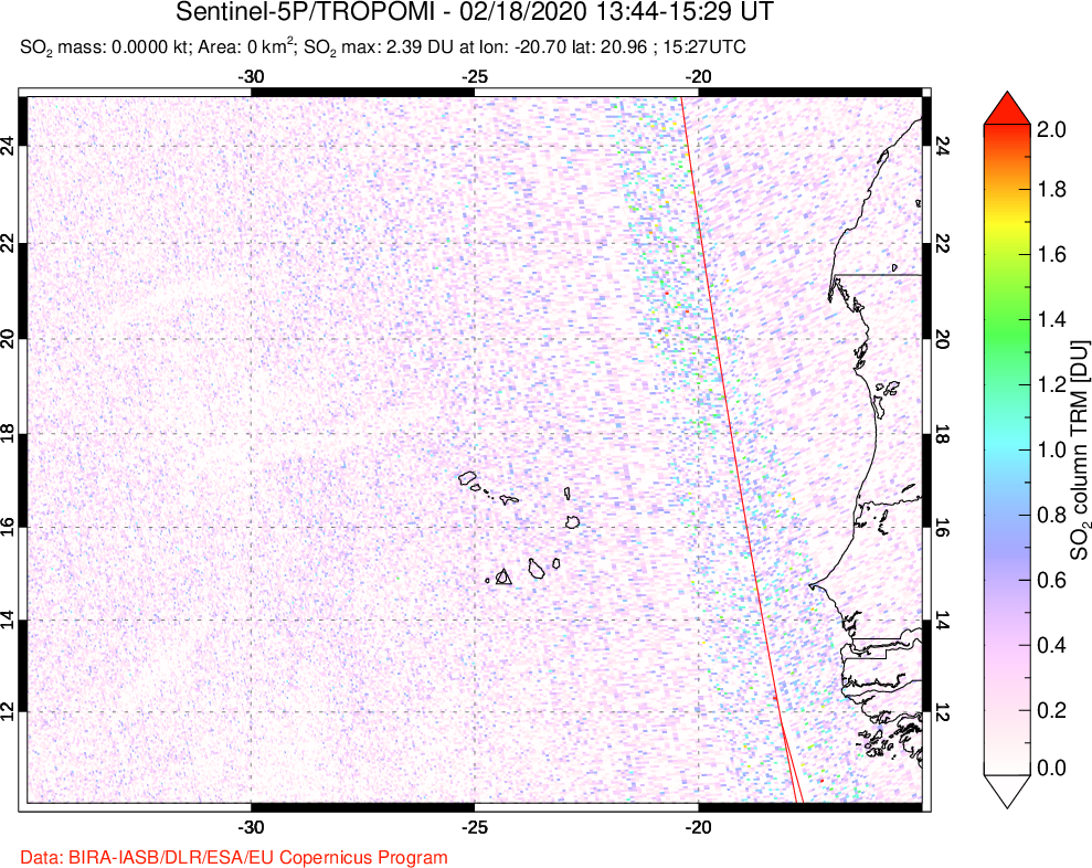 A sulfur dioxide image over Cape Verde Islands on Feb 18, 2020.