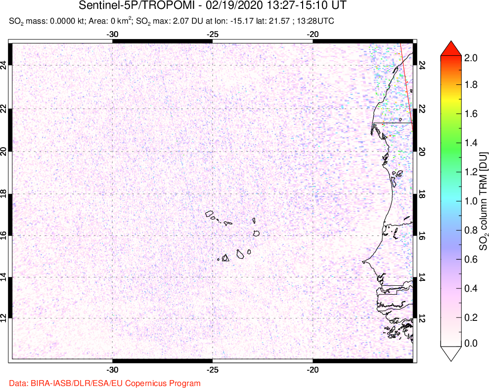 A sulfur dioxide image over Cape Verde Islands on Feb 19, 2020.