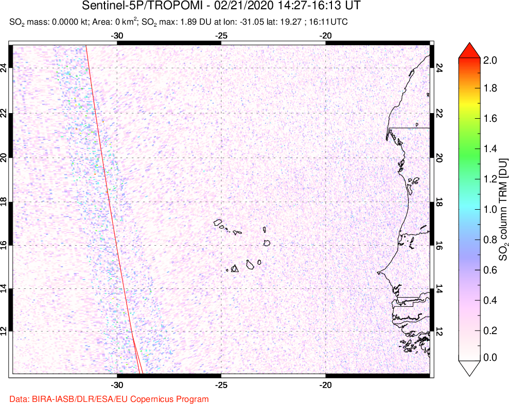 A sulfur dioxide image over Cape Verde Islands on Feb 21, 2020.