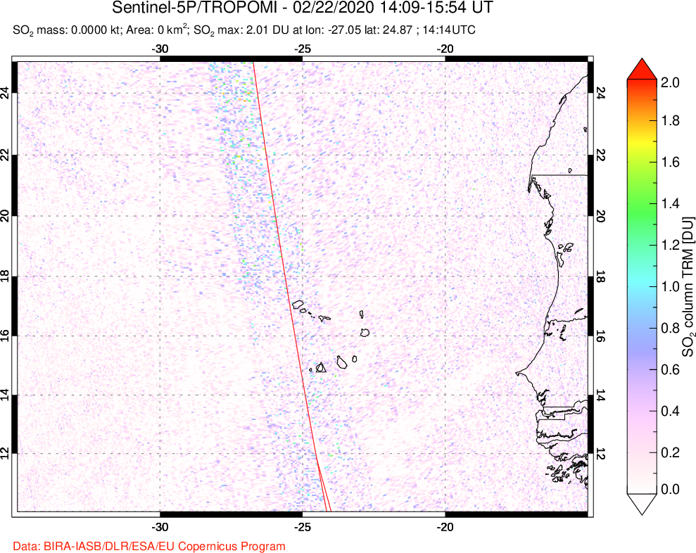 A sulfur dioxide image over Cape Verde Islands on Feb 22, 2020.