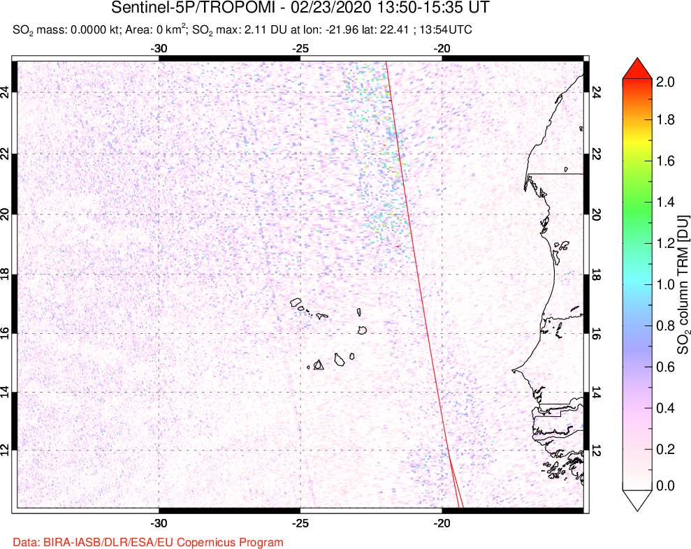 A sulfur dioxide image over Cape Verde Islands on Feb 23, 2020.