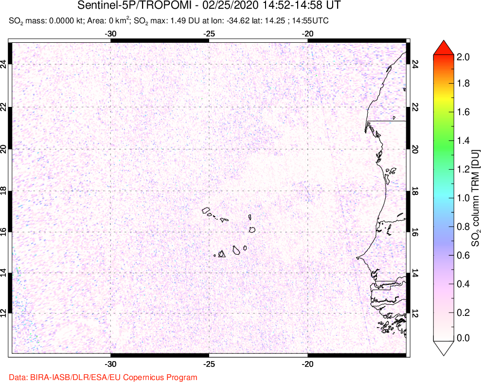 A sulfur dioxide image over Cape Verde Islands on Feb 25, 2020.