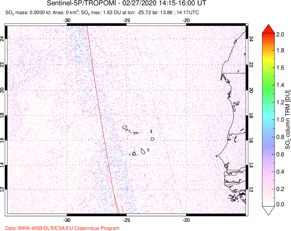 A sulfur dioxide image over Cape Verde Islands on Feb 27, 2020.