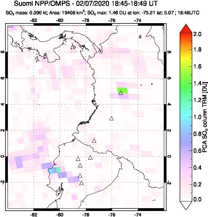 A sulfur dioxide image over Ecuador on Feb 07, 2020.