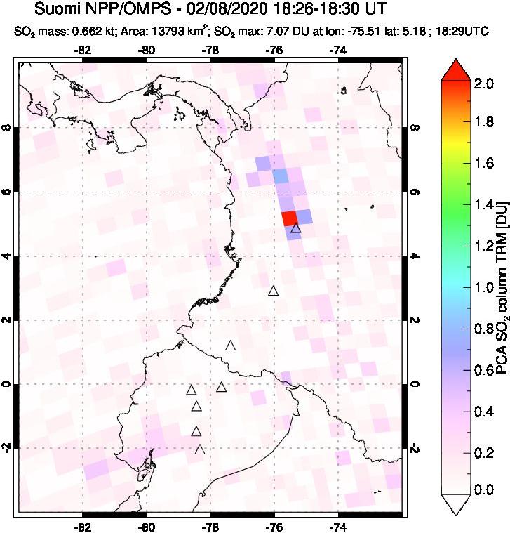 A sulfur dioxide image over Ecuador on Feb 08, 2020.