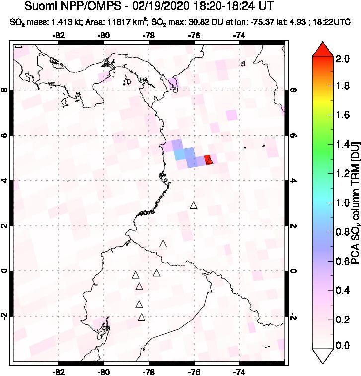 A sulfur dioxide image over Ecuador on Feb 19, 2020.