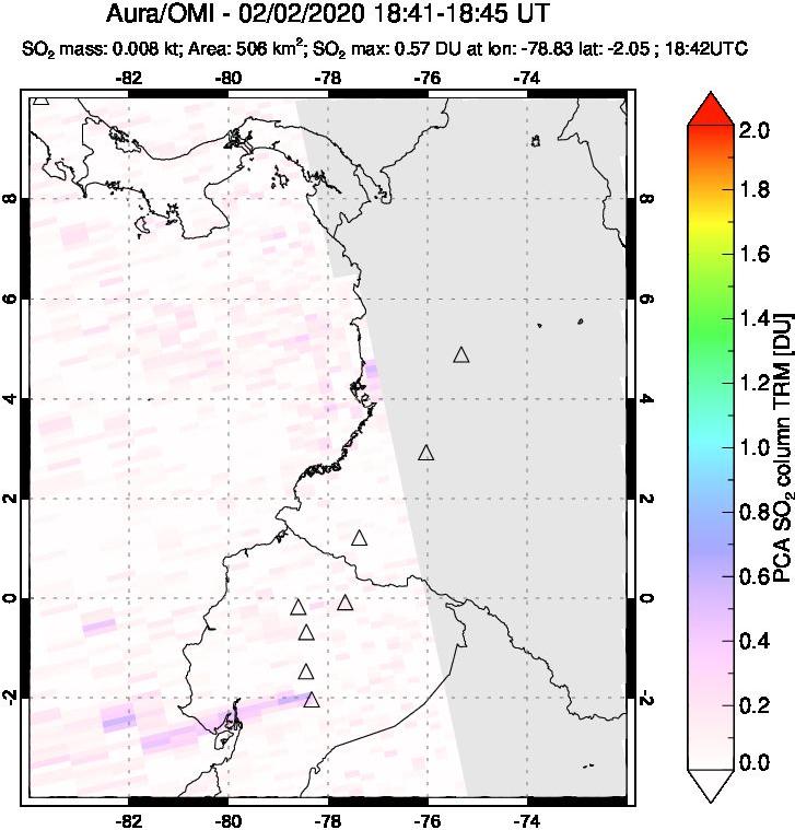 A sulfur dioxide image over Ecuador on Feb 02, 2020.